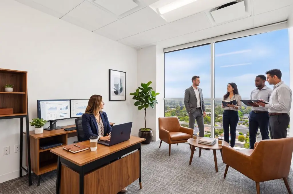 Barrister Suites Office Lease A woman sits at a desk with a laptop and charts on dual monitors, while four colleagues stand and talk near large windows overlooking a cityscape in a modern office.