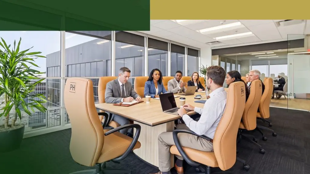 Barrister Suites Office Lease A diverse group of eight professionals sits around a modern conference table in a bright office, engaged in a business meeting with laptops, notebooks, and coffee cups. Large windows provide ample natural light.