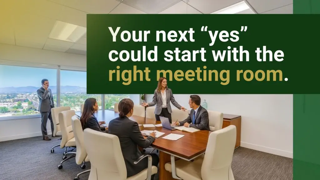 Barrister Suites Office Lease A group of five professionals meet in a bright conference room with large windows. Text overlay says, “Your next ‘yes’ could start with the right meeting room.”.