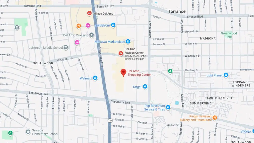 Barrister Suites Office Lease A map showing the location of Del Amo Fashion Center and nearby businesses in Torrance, California, including Target, Walmart, and Misuwra Marketplace, with surrounding streets and landmarks labeled.