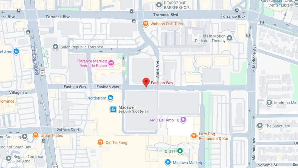 Barrister Suites Office Lease Map showing the area around Fashion Way in Torrance, California, highlighting businesses such as AMC Del Amo 18, Madewell, Din Tai Fung, Nordstrom, Mitsuwa Marketplace, and nearby streets.