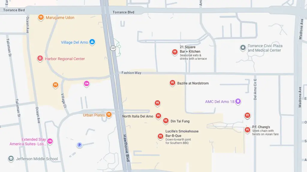 Barrister Suites Office Lease Map showing the area around Village Del Amo in Torrance, California, with labeled locations such as restaurants, medical centers, and AMC Del Amo 18, bordered by Torrance Blvd and Hawthorne Blvd.