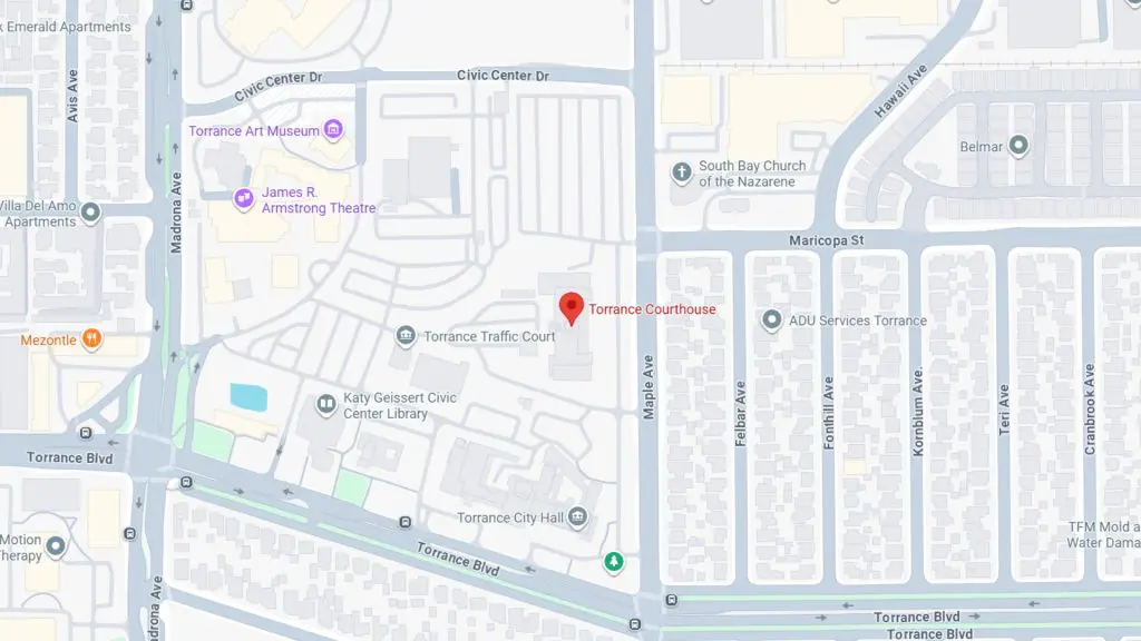 Barrister Suites Office Lease A map showing the location of the Torrance Courthouse, near Torrance City Hall, Torrance Traffic Court, and Katy Geissert Civic Center Library, with nearby streets and landmarks labeled.