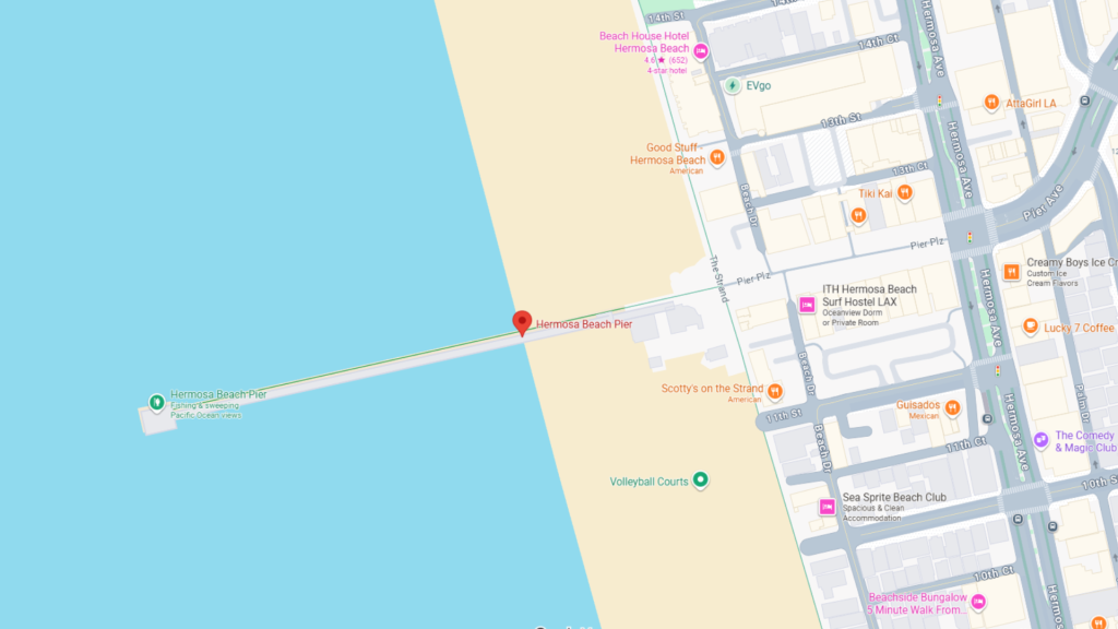 Barrister Suites Office Lease Map showing Hermosa Beach Pier extending west from Hermosa Beach into the ocean, with nearby streets, shops, restaurants, volleyball courts, and other landmarks labeled.