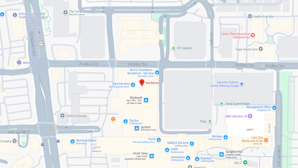 Barrister Suites Office Lease Map showing a section of a shopping area with stores like Nordstrom, Barnes & Noble, UNIQLO, ZARA, and AMC Del Amo 18. Streets visible include Fashion Way and Del Amo Circle East.