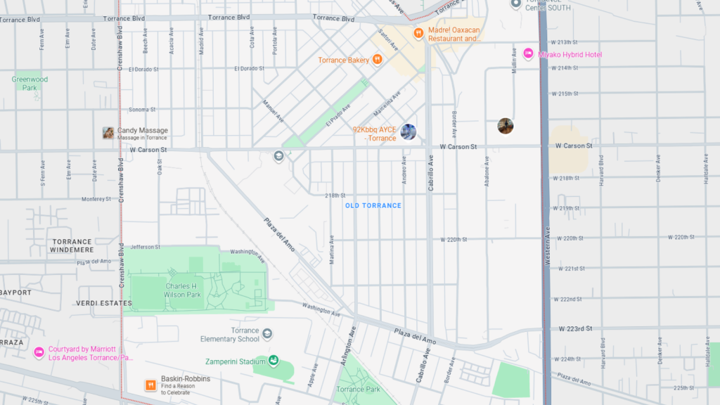 Barrister Suites Office Lease Map showing a section of Torrance, California, with labeled locations including Torrance High School, Chas H. Wilson Park, multiple hotels, restaurants, and streets such as Carson St and Torrance Blvd.