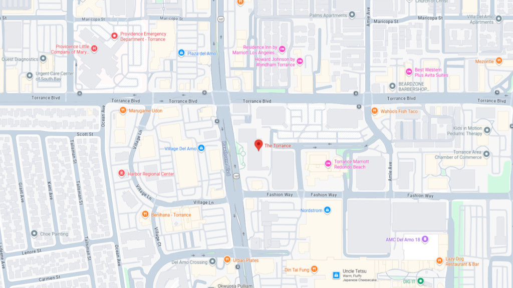 Barrister Suites Office Lease Map showing a section of Torrance, California, highlighting Torrance Blvd, Madrona Ave, and surrounding businesses, restaurants, apartments, shopping centers, and landmarks like the Torrance Marriott and Del Amo Fashion Center.