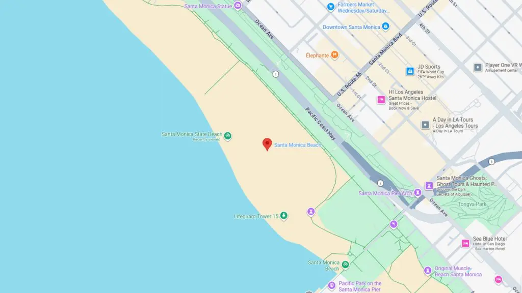 Barrister Suites Office Lease A map showing Santa Monica Beach in California, with nearby landmarks such as Palisades Park, Santa Monica Pier, Lifeguard Tower 15, and streets including Ocean Avenue and Colorado Avenue.