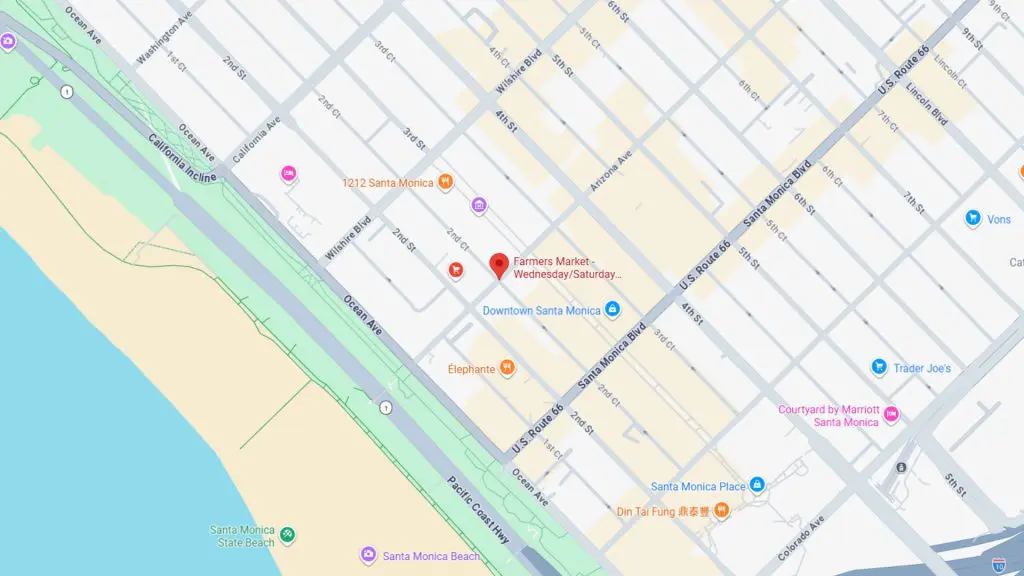 Barrister Suites Office Lease A map of downtown Santa Monica, California, showing landmarks like Santa Monica Beach, the Farmers Market, Santa Monica Place, and nearby stores such as Trader Joe’s and Vons. Streets and notable locations are labeled.