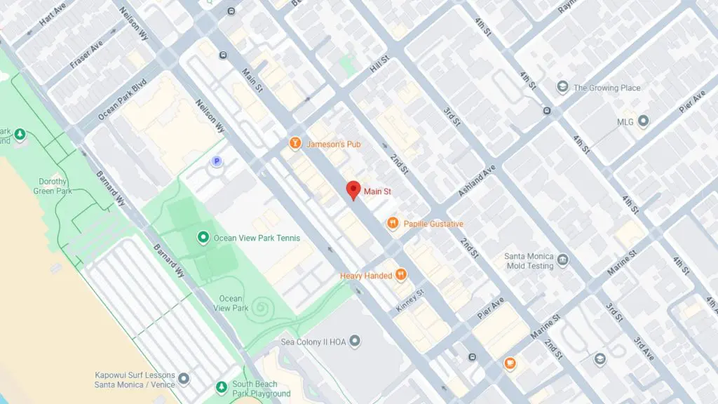 Barrister Suites Office Lease A map view of Main Street in Santa Monica, California, showing nearby streets, parks, businesses, and landmarks including Dorothy Green Park, Ocean View Park Tennis, and several restaurants and shops.