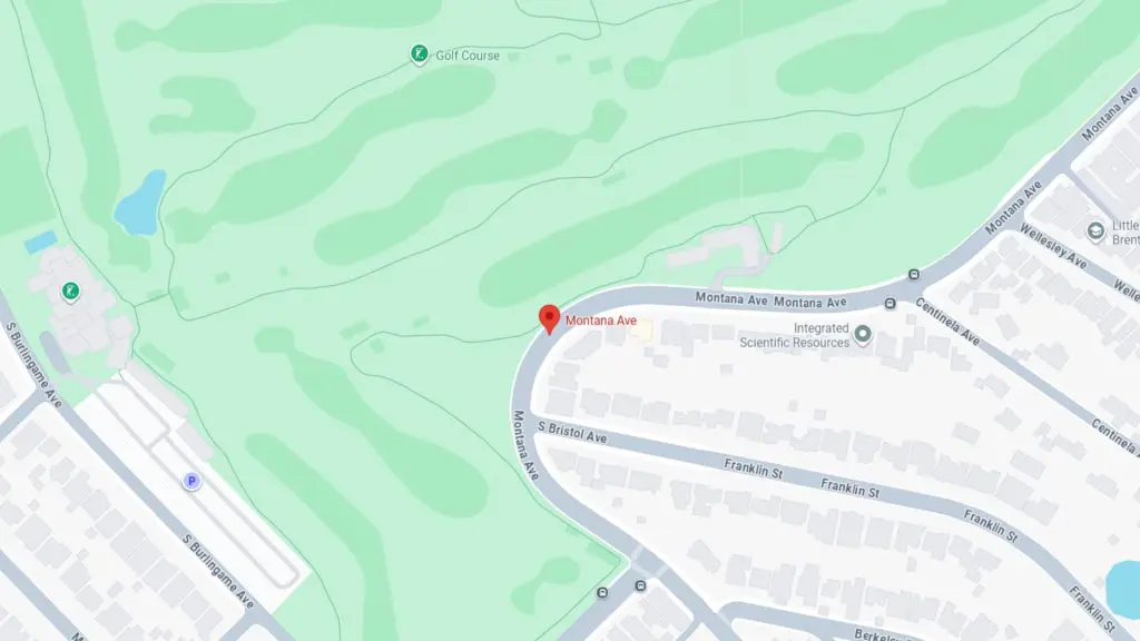 Barrister Suites Office Lease Map showing Montana Ave curving near a golf course and residential area. Streets like Bristol Ave and Franklin St are labeled, with a red location marker on Montana Ave.