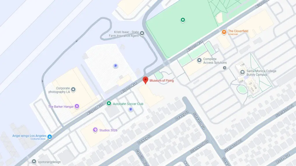 Barrister Suites Office Lease A map showing the location of the Museum of Flying in Santa Monica, California, near Airport Avenue. Nearby landmarks include The Cloverfield, Soccer Club, and Santa Monica College Bundy Campus.
