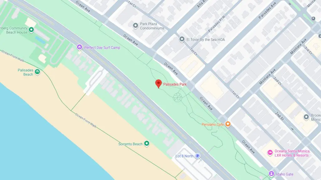 Barrister Suites Office Lease Map showing Palisades Park in Santa Monica. The park runs along Ocean Ave parallel to the beach, with nearby landmarks including Sorrento Beach, Perry’s Cafe, and Ocean Avenue hotels and condominiums.