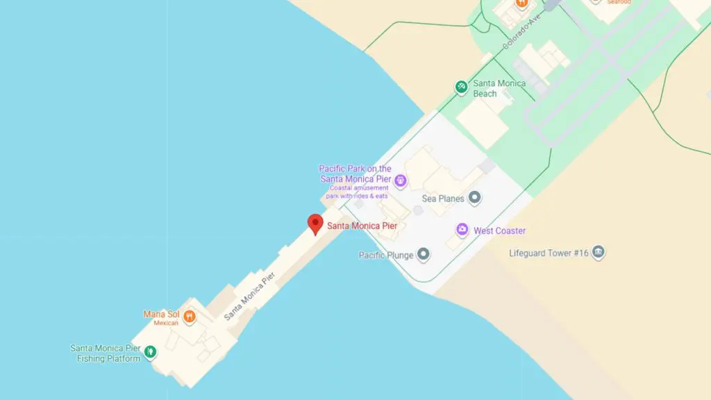 Barrister Suites Office Lease Map showing the Santa Monica Pier and surrounding area, including Santa Monica Beach, nearby attractions, and labeled locations such as Pacific Park, Pacific Wheel, and Marisol at the end of the pier.