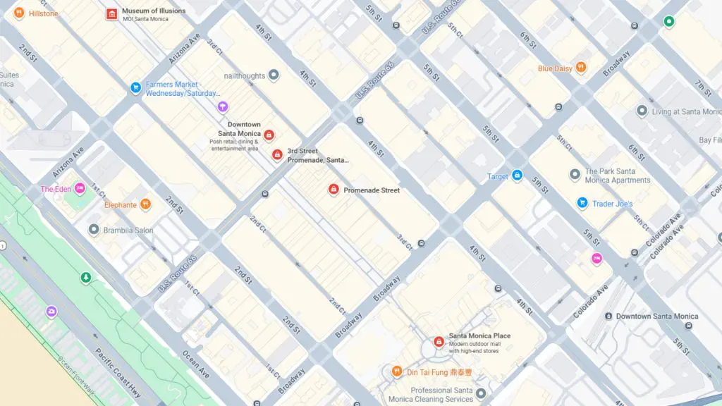 Barrister Suites Office Lease A map of downtown Santa Monica, California, highlighting locations such as 3rd Street Promenade, Santa Monica Place, Trader Joe’s, and the Farmers Market. Street names and several businesses are labeled throughout the area.