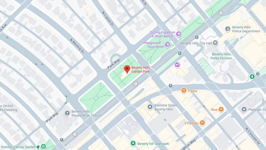 Barrister Suites Office Lease Map showing Beverly Hills Garden Park, highlighted with a red marker. Nearby landmarks include Beverly Hills City Hall, parks, churches, eateries, and local streets such as N Rexford Dr and Park Way.