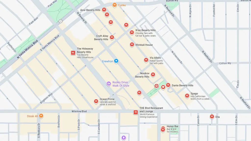Barrister Suites Office Lease Map of central Beverly Hills showing restaurants and attractions, including Erehwon, Rodeo Drive Walk of Style, Ocean Prime, The Hideaway, and various other dining options marked with red icons. Major streets and blocks are labeled.