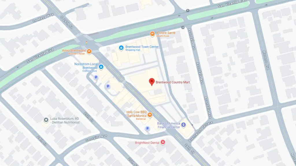 Barrister Suites Office Lease A map highlighting Brentwood Country Mart in Santa Monica, surrounded by shops like Nordstrom Local, Bank of America, and BrightNest Dental, with nearby roads including San Vicente Blvd and 26th St.