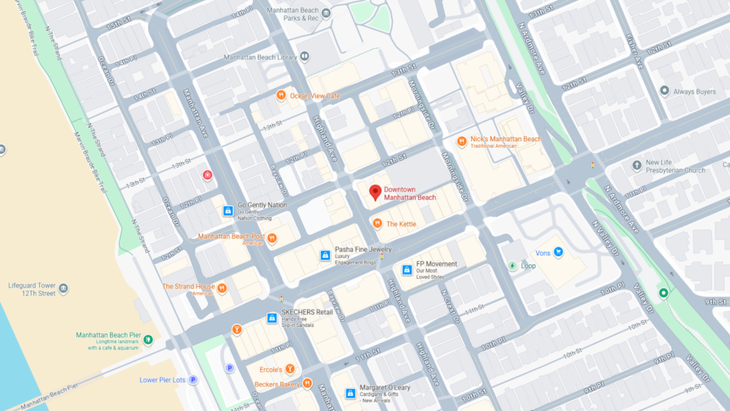 Barrister Suites Office Lease A map showing the downtown Manhattan Beach area in California, highlighting streets, businesses, landmarks like The Kettle, and the proximity to the beach and Manhattan Beach Pier.