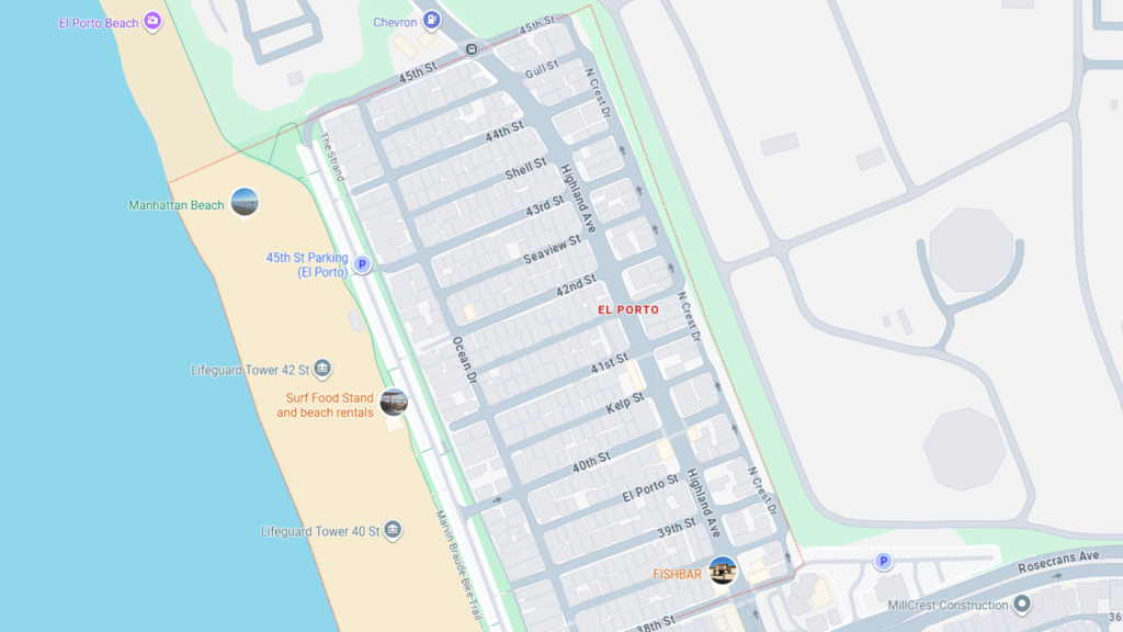 Barrister Suites Office Lease Map showing the El Porto neighborhood by Manhattan Beach, with streets labeled, parking areas, restaurants, beach access points, and nearby lifeguard towers along the coast.