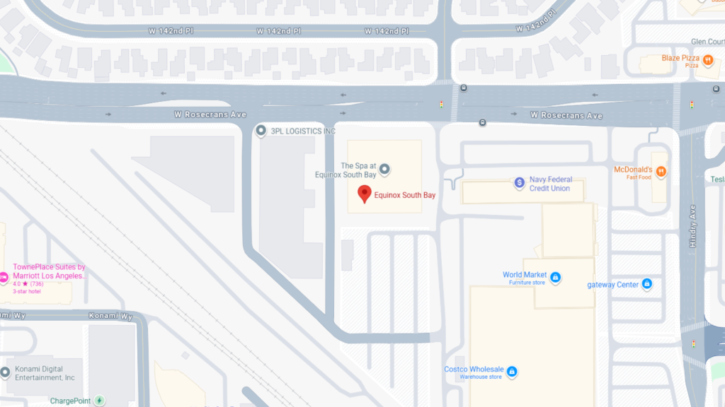 Barrister Suites Office Lease Map showing the location of Equinix South Bay near W Rosecrans Ave in Los Angeles. Nearby landmarks include World Market, Costco Wholesale, and Navy Federal Credit Union. Several roads and businesses are visible.