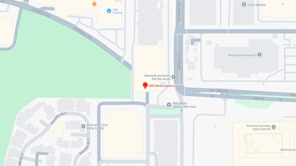 Barrister Suites Office Lease A map showing the location of MBS Media Campus on Rosecrans Ave in Manhattan Beach, California, near Northrop Grumman and CVS, with surrounding streets and buildings labeled.