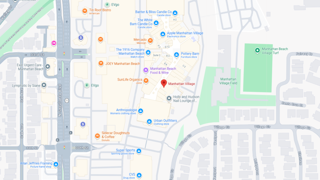 Barrister Suites Office Lease Map showing the Manhattan Village shopping center in Manhattan Beach, CA, with surrounding streets, stores, restaurants, and nearby parks and residential areas. A red marker indicates the center’s location.