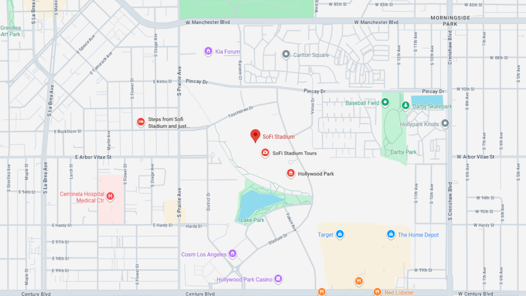 Barrister Suites Office Lease Map showing the area around SoFi Stadium in Inglewood, California, with nearby landmarks such as Lake Park, Target, The Home Depot, Hollywood Park Casino, and several parks and streets labeled.