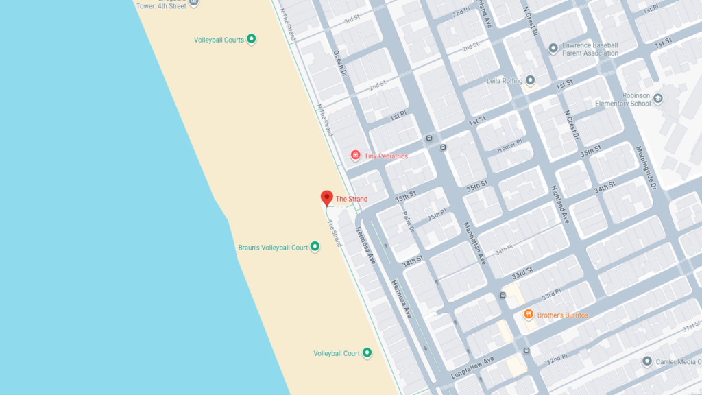 Barrister Suites Office Lease Map showing The Strand near the beach with volleyball courts along the coast, surrounded by grid-like residential streets and local businesses in a nearby neighborhood.