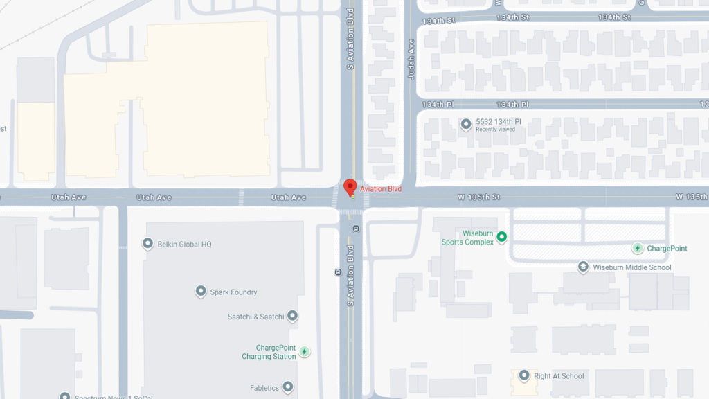 Barrister Suites Office Lease Map showing the intersection of S Aviation Blvd and Utah Ave in El Segundo, California, with nearby landmarks including Wiseburn Sports Complex, Wiseburn Middle School, and various businesses.