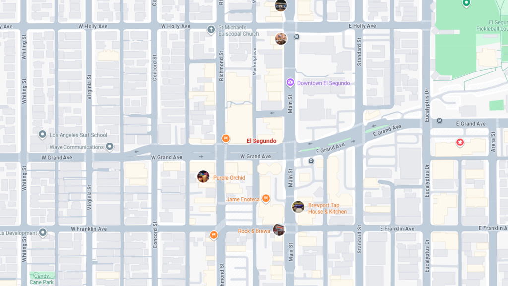 Barrister Suites Office Lease A map of El Segundo, California, showing W Grand Ave, Main St, and various businesses and landmarks, including restaurants like Purple Orchid, Rock & Brews, and Brewport Tap House & Kitchen.