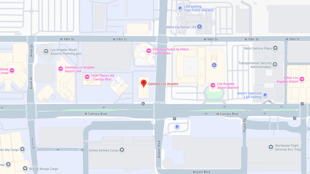 Barrister Suites Office Lease A map showing hotels and locations near Los Angeles International Airport, centered on Gateway Los Angeles, with surrounding streets including Century Blvd, 98th St, and Airport Blvd. Nearby hotels and parking areas are labeled.