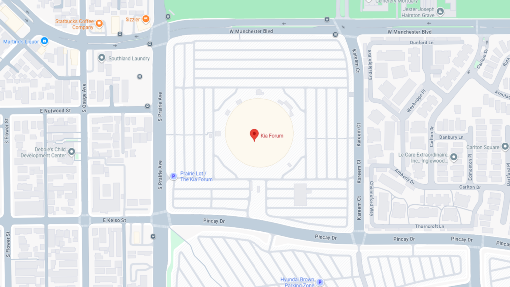 Barrister Suites Office Lease A map showing the location of Kia Forum, centered in a circular lot on Pincay Dr near S Prairie Ave in Inglewood, surrounded by streets and nearby businesses.