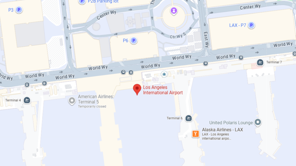 Barrister Suites Office Lease Map view of Los Angeles International Airport (LAX) showing terminals, parking areas (P6, P7, P8), roads (World Way, Center Way), and points of interest such as American Airlines Terminal 5 and United Polaris Lounge.