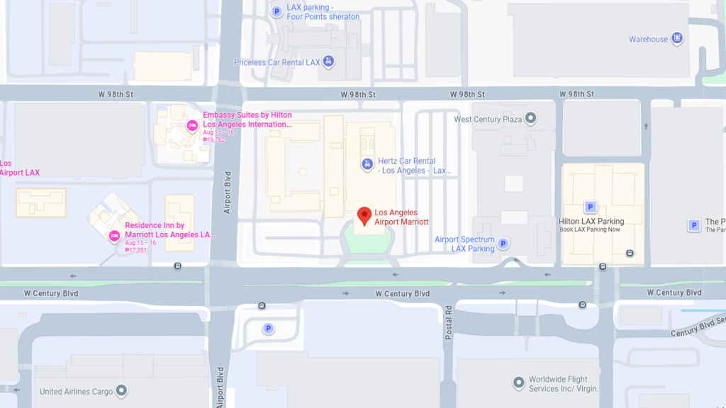 Barrister Suites Office Lease Map showing the area around Los Angeles Airport Marriott on W Century Blvd, with nearby hotels, parking lots, car rentals, and surrounding streets including Airport Blvd and W 98th St.