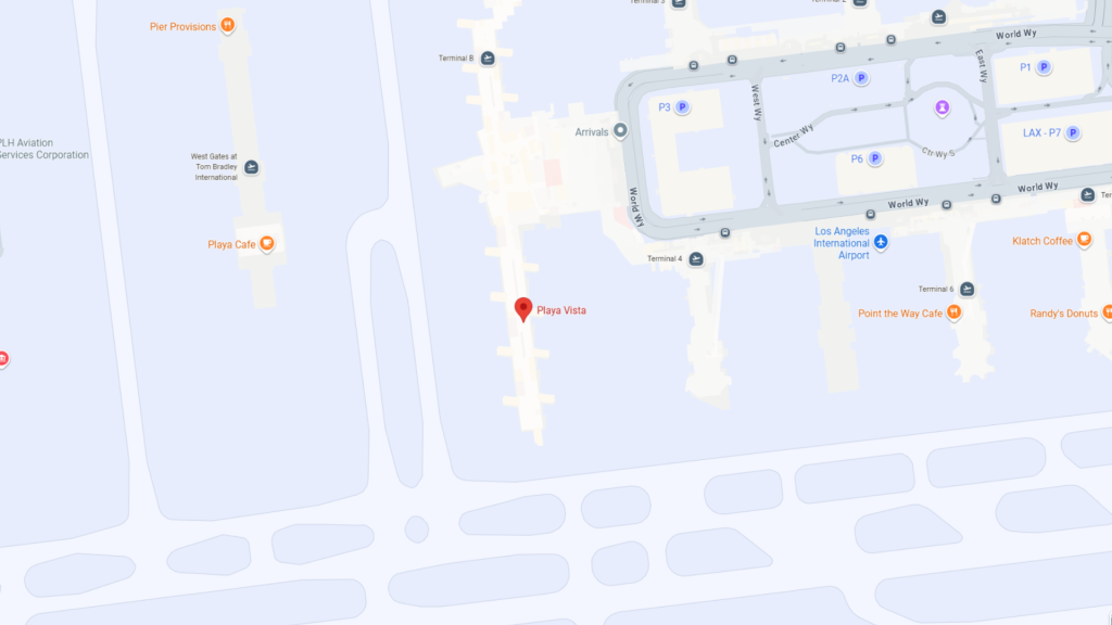 Barrister Suites Office Lease A map showing Los Angeles International Airport (LAX) with terminals labeled. Playa Vista is marked to the west of the terminals. Nearby cafes and businesses are also labeled.