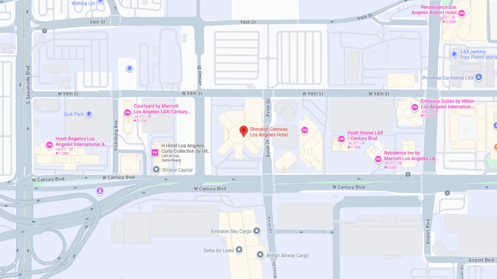 Barrister Suites Office Lease Map showing Sheraton Gateway Los Angeles Hotel on West Century Blvd, near Los Angeles International Airport. Nearby hotels include Hyatt Regency, Residence Inn, and Embassy Suites. Major roads and airport terminals are visible.