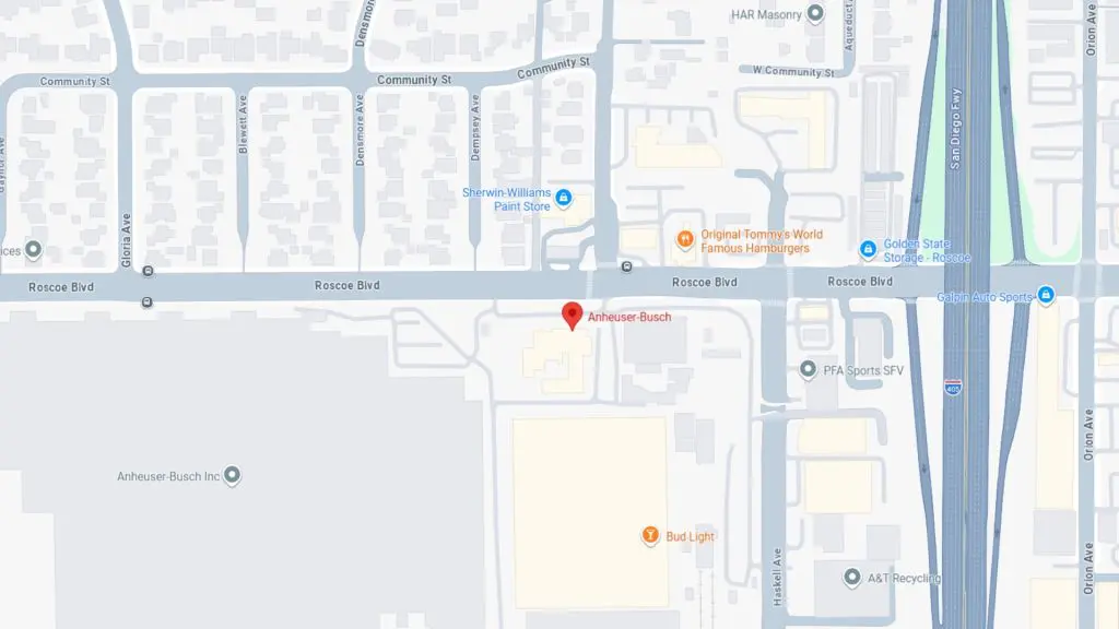 Barrister Suites Office Lease Map view showing the location of Anheuser Busch on Roscoe Blvd, near Golden State Fwy in Los Angeles. Nearby are Bud Light, Original Tommy’s hamburgers, and several businesses and streets.