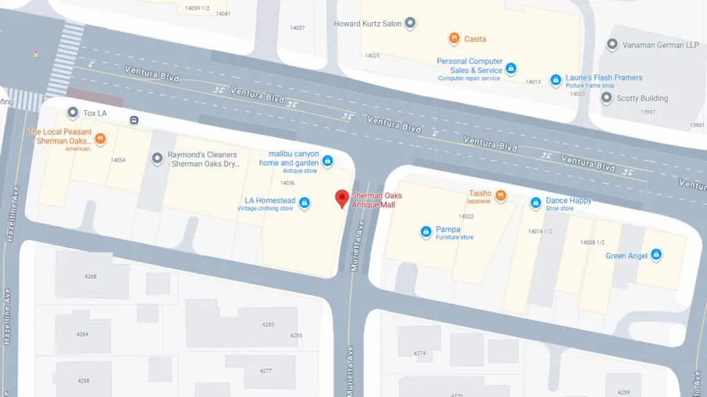 Barrister Suites Office Lease A map showing Sherman Oaks Antique Mall on Ventura Blvd, near Matilija Ave in Sherman Oaks, California. Nearby businesses include Raymonds Cleaners, Taisho, and The Local Peasant. Cross streets and other shops are labeled.