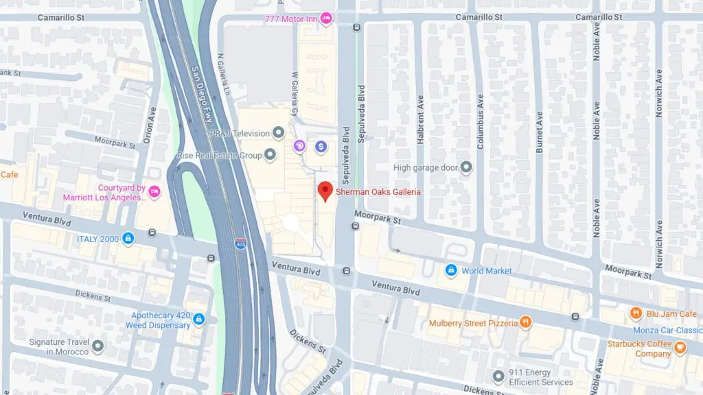 Barrister Suites Office Lease Map showing the location of Sherman Oaks Galleria at the intersection of Ventura Blvd and Sepulveda Blvd in Los Angeles, with surrounding streets, businesses, and landmarks labeled.