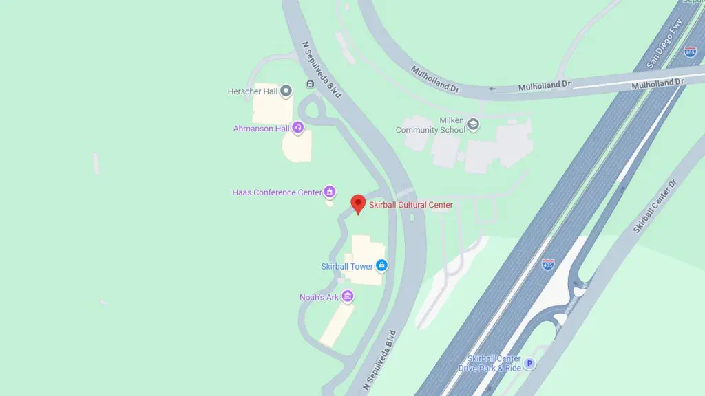 Barrister Suites Office Lease Map showing the location of Skirball Cultural Center near the 405 freeway and Mulholland Drive, alongside nearby landmarks such as Herscher Hall, Ahmanson Hall, Haas Conference Center, and Skirball Tower.