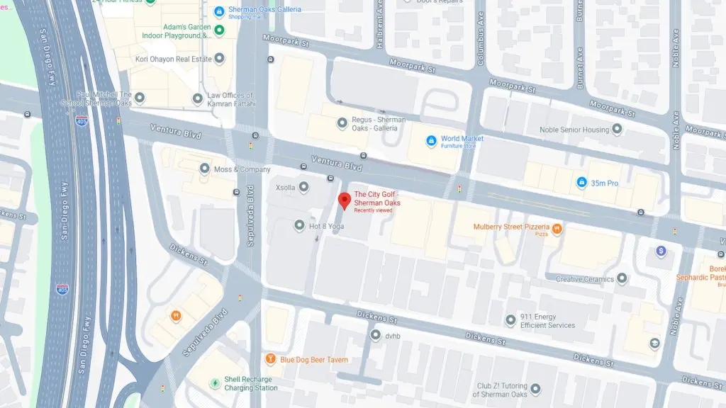 Barrister Suites Office Lease Map showing part of Sherman Oaks, Los Angeles, highlighting The City Golf Sherman Oaks. Nearby streets include Ventura Blvd, Kester Ave, and Moorpark St, with local businesses and landmarks labeled.