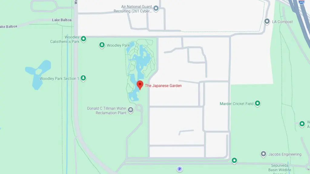 Barrister Suites Office Lease Map showing the location of The Japanese Garden within Woodley Park in Los Angeles, near Donald C Tillman Water Reclamation Plant and bordered by Lake Balboa, Marter Cricket Field, and various park sections.