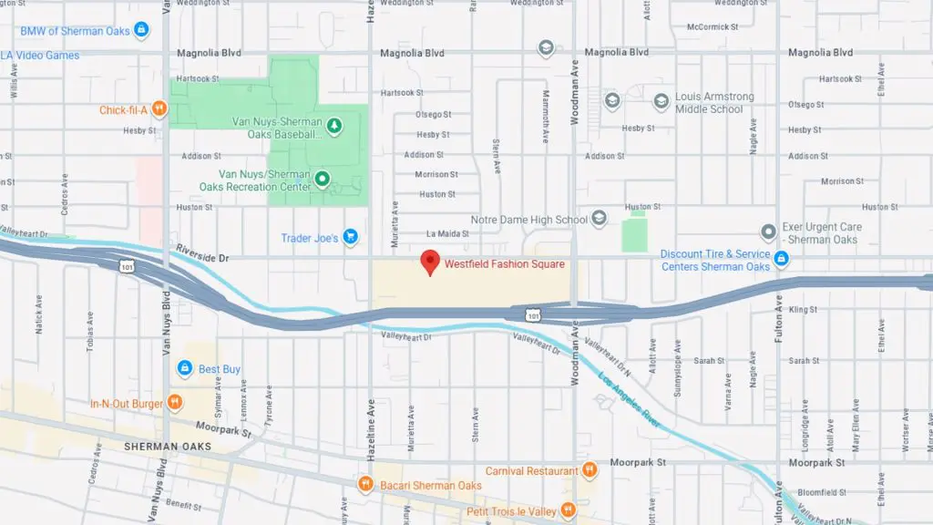 Barrister Suites Office Lease Map showing the location of Westfield Fashion Square in Sherman Oaks, Los Angeles, near the 101 freeway, with nearby landmarks including parks, restaurants, and stores like Best Buy and Trader Joe’s.