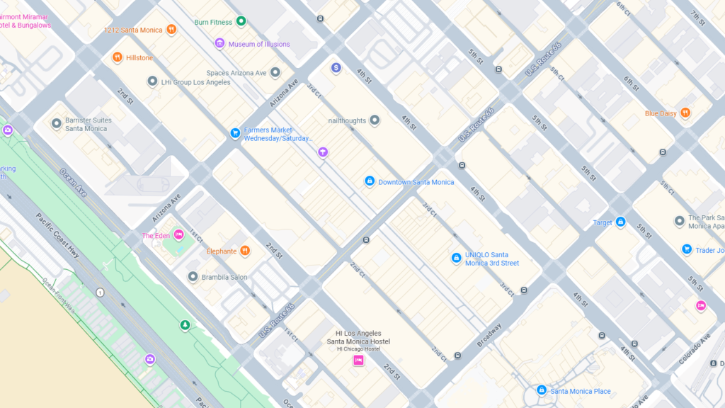 Barrister Suites Office Lease A map view of downtown Santa Monica, California, showing city blocks, streets, various businesses, parks, and landmarks such as the Santa Monica Place mall and Downtown Santa Monica Metro station.