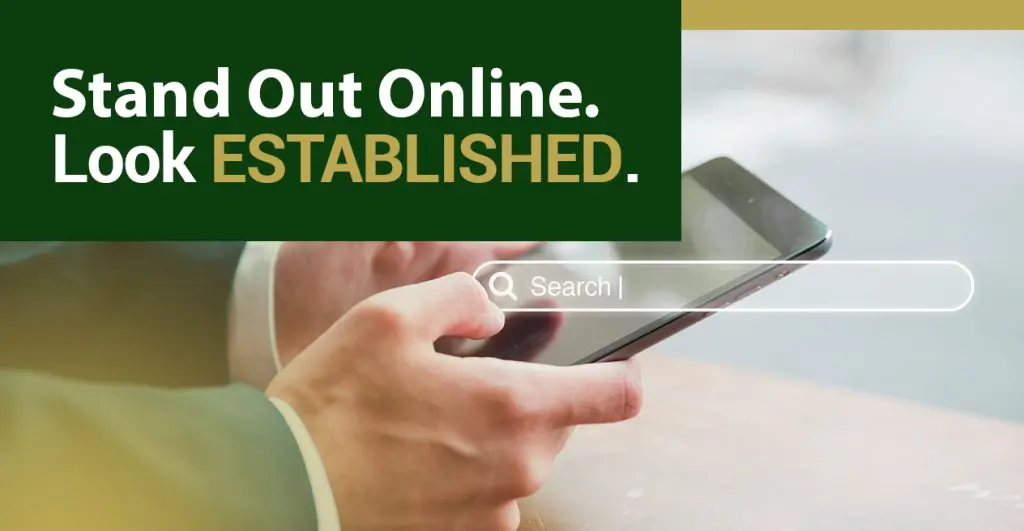 Barrister Suites Office Lease A person in a suit holds a smartphone. Overlay text reads: Stand Out Online. Look ESTABLISHED. with a search bar graphic below the text.