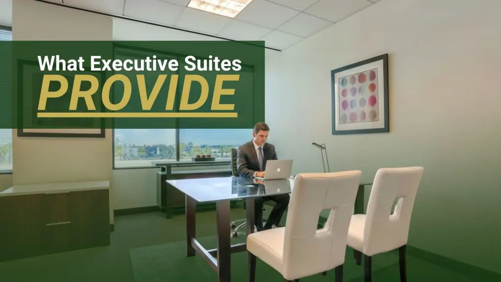 Barrister Suites Office Lease A man in a suit works on a laptop at a glass desk in a modern office with two white chairs, artwork on the wall, large window, and the text What Executive Suites PROVIDE overlayed.