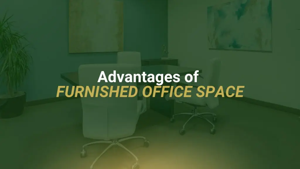 Barrister Suites Office Lease Two white office chairs at a dark desk in a modern office with green walls and artwork. Text overlay reads: Advantages of Furnished Office Space.