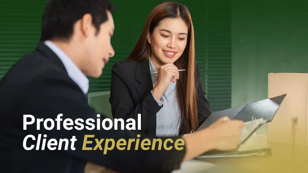 Barrister Suites Office Lease Two professionals in business attire sit at a desk discussing documents. The woman is smiling, holding a pen, while the man gestures toward a clipboard. Text reads: “Professional Client Experience.”.