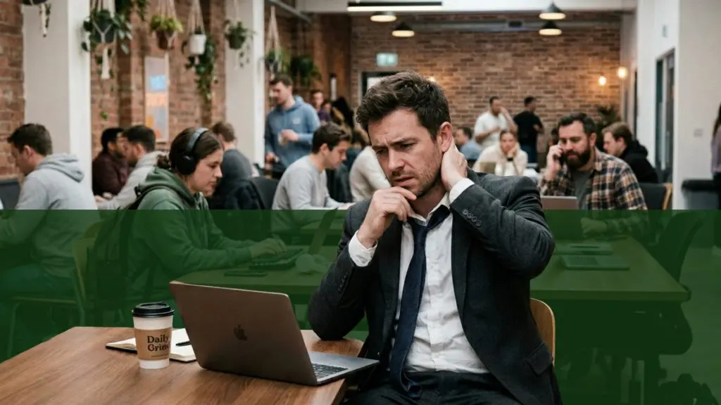 Barrister Suites Office Lease A man in a suit sits at a table in a busy co-working space, looking stressed and rubbing his neck while working on a laptop. Other people are focused on their laptops and conversations around him.